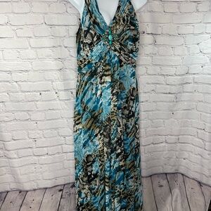 Jessica Howard Blue and Brown Maxi Halter Dress